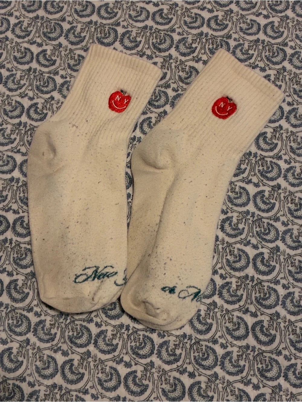 Cream Crew Socks with Red Apple Accent